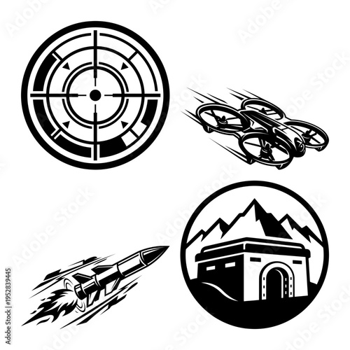 Drone missile bunker and target scope icon bundle
