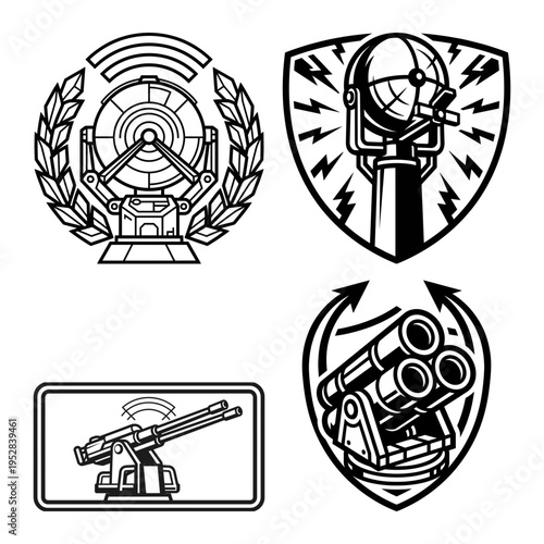 Radar searchlight artillery and missile launcher icon bundle