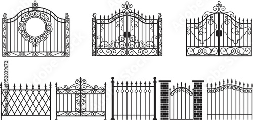 Elegant wrought iron gate designs collection featuring ornamental scrollwork, decorative finials, lattice 