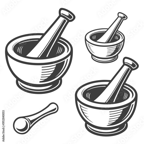 Vintage mortar and pestle illustrations with woodcut hatching style for spice grinding pharmacy preparation and traditional apothecary shop branding