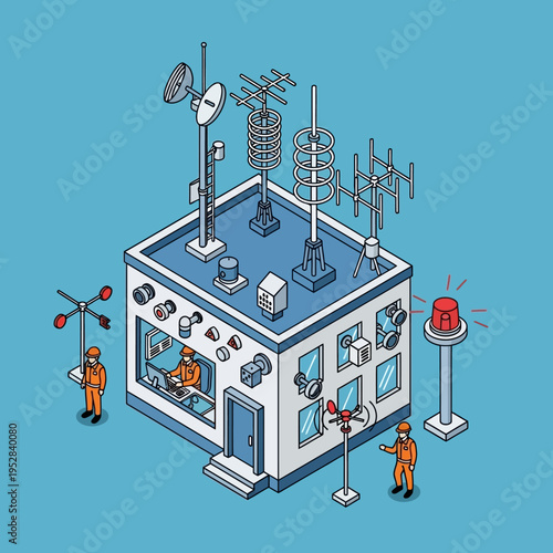 Isometric illustration of a weather station with various antennas and equipment.