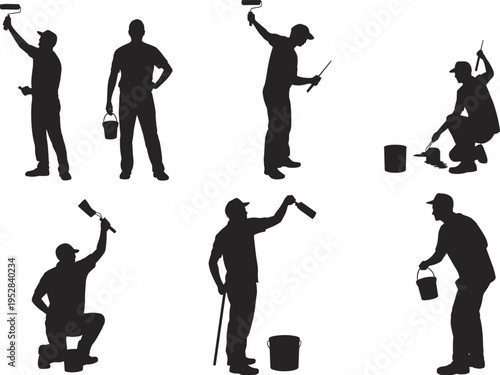 Painter worker silhouette collection, house painting renovation service vector illustration, professional decorators with roller brush bucket isolated construction set