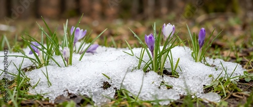 Purple and white crocus flowers blooming through melting snow. Early spring nature awakening in woodland. Close up of fresh green grass and blossoms