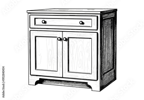 Hand-drawn sketch of a classic wooden cabinet with two doors and one drawer