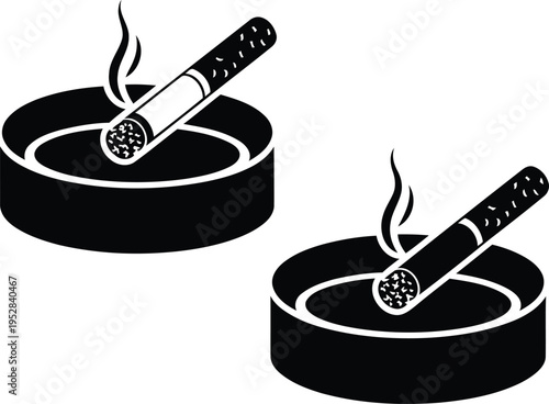 Ashtrays with burning cigarettes depicted in black and white