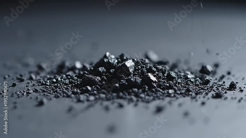 A collection of tiny dark granular particles, resembling soil or minerals, presented in sharp macro detail on a dark surface