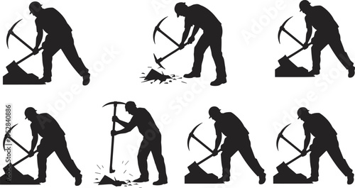 Mining worker silhouettes, pickaxe labor vector, excavation clipart illustration, manual work design icon, industrial job artwork, rock breaking graphic
