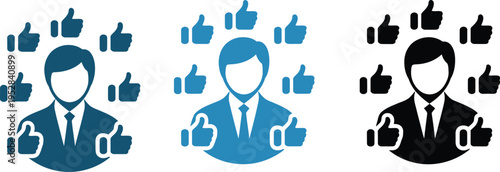People surrounded by thumbs up icons in various colors
