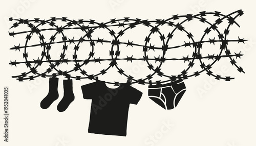 Clothes hanging on barbed wire fence stencil illustration