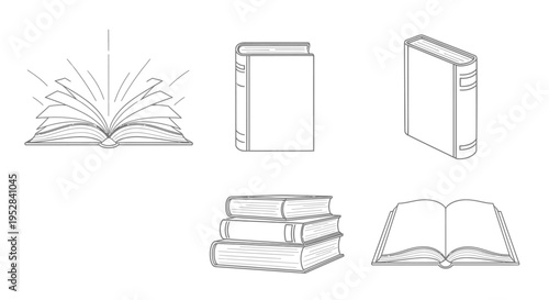line art book illustrations depicting various forms of books reading and knowledge perfect for education and literature themes.