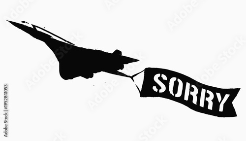 Stencil street art of jet plane pulling a sorry banner