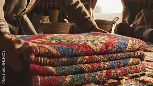 A person's hands carefully folding a vibrantly patterned traditional rug in a warmly lit indoor setting