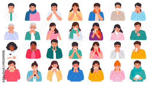 Vector illustration of diverse people sneezing and coughing into hands, elbows, tissues showing hygiene practices for illness prevention awareness