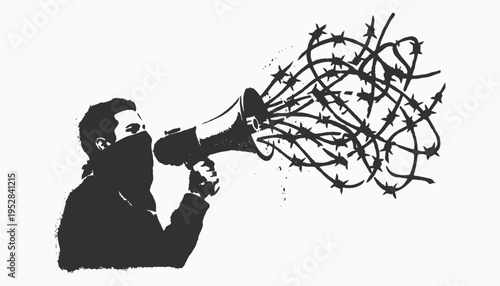 Activist shouting barbed wire through megaphone stencil art