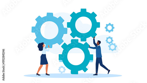 Vector illustration of people collaborating with large gears symbolizing teamwork, cooperation, problem solving, mechanical process, and system efficiency