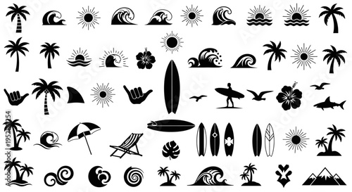 summer beach and surf icons collection for tropical vacation and water sports designs ideal for travel and holiday themes.