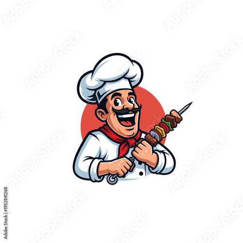 Chef enthusiastic and ready to serve while holding a large, loaded vegetable and meat skewer logo icon flat vector design