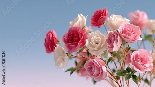 Soft pink and white roses bloom against clear blue sky. Petals look delicate and full, stems green with tiny leaves. Image shows natural beauty, calm and serene atmosphere. Perfect for romantic.