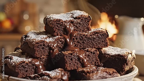 A towering pile of rich chocolate brownies dusted with powdered sugar and drizzled with chocolate sauce, presented in a cozy setting