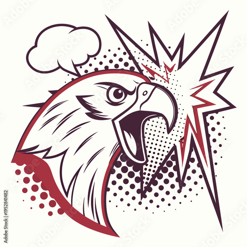 Eagle head profile mascot in comic style with speech bubble and sharp explosion lines featuring halftone pattern and intense predatory expression