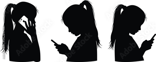 Set of young girl silhouettes using smartphone, child talking on mobile phone, kid texting and browsing, technology and communication vector icons.