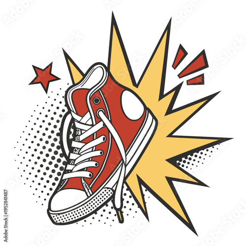 Retro comic pop art sneaker illustration featuring red canvas high top shoe with halftone dots and yellow blast burst on clean white background