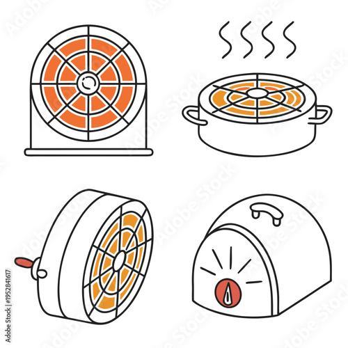 Set of four different heater icons in linear style, fan and electric heaters for industrial, home, and commercial use heating objects