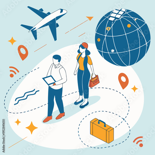 Two travelers with luggage and map planning world journey with airplane and globe symbolizing global travel and tourism connection worldwide
