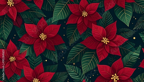 Elegant Christmas Poinsettia Pattern with Red Flowers Green Leaves and Gold Accents for Winter Holiday Wallpaper Decorative Floral Background