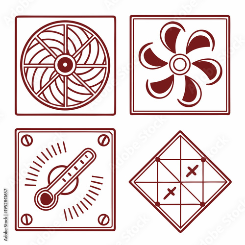 Set of four different computer cooling and temperature icons, including various fan types and a thermometer gauge