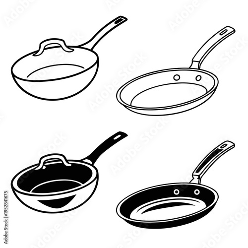 Collection of four black and white isometric frying pans and saucepans illustrating kitchen utensils and cooking equipment for culinary use
