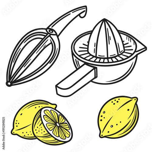 Set of lemon squeezer juicer icons. citrus juicing tool. citrus fruit isolated on white background for design. lemon slices in hand drawn doodle style