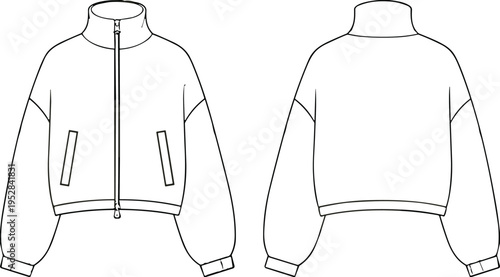 Bomber jacket front and back view outline template, casual outerwear apparel mockup for fashion design, zip jacket vector illustration isolated