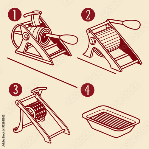 Four step instructional diagram of a vintage mechanical kitchen grater showing the assembly and operation of a metal drum for food preparation