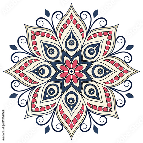 Beautiful mandala with blue and pink floral elements and teardrop shapes arranged in a symmetrical radial pattern for modern interior wall decor