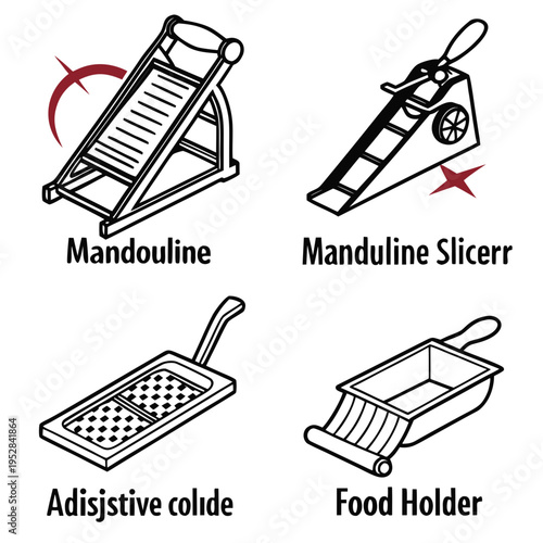 Set of four outline kitchen mandoline slicer icons, various designs of handheld and table-mounted graters, isolated vector illustration on white background