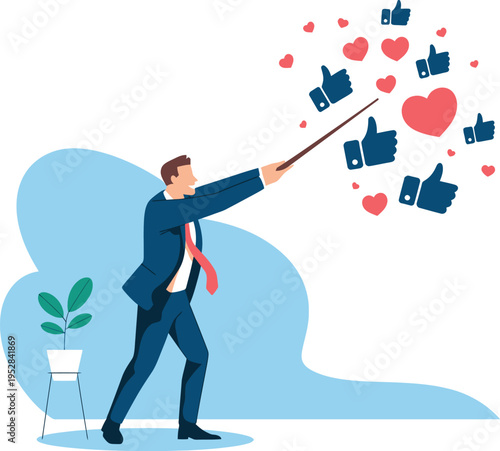 Man conjuring social media likes and hearts with a wand
