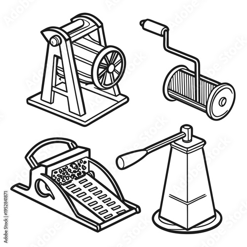 Set of four isometric hand-cranked kitchen tools, including food grinder, mandoline slicer, and grater, line art vector illustration on white background