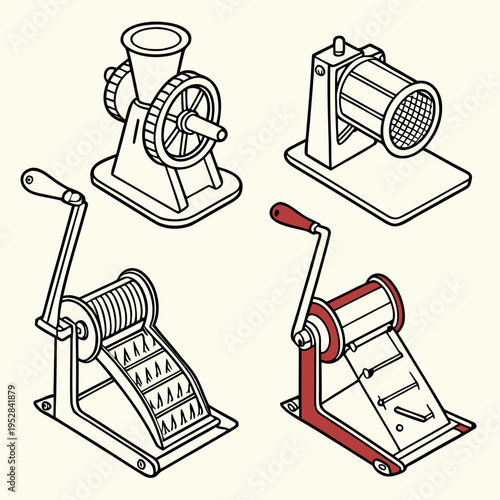 Isometric set of four vintage kitchen appliances, including meat grinder, food mill, and hand-cranked grater, line art vector illustration on light background