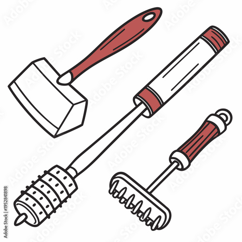 Set of vintage meat tenderizer meat fork and meat rake for grilling barbecue and cooking on white background simple illustration