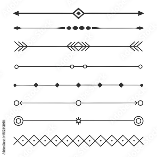 Modern linear divider set with geometric diamond and circle accents for clean interface design and professional document formatting in vector style