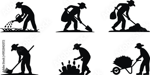 Farmer silhouettes set showing planting, digging, raking and harvesting activities, agricultural work icons, rural lifestyle illustration, black vector collection isolated on white background