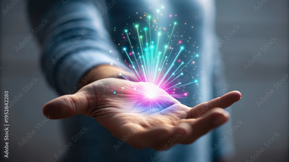 Fototapeta premium A person holding a glowing, colorful burst of light and digital particles in their open palm, symbolizing technology and innovation.