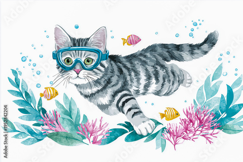 Illustration of a playful tabby cat wearing snorkeling gear swimming among colorful fish and vibrant coral in an underwater scene with bubbles and aquatic plants