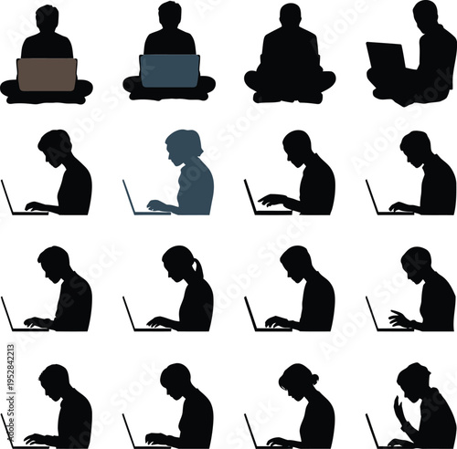 People using laptops in various seated positions icon.