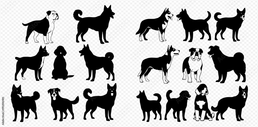 Fototapeta premium Collection of various dog breeds in silhouette, showcasing different sizes and shapes of canine companions.