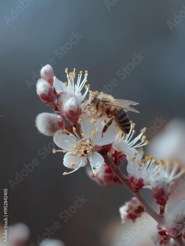 Close-up of a bee on a white flower. the bee is brown and black in color and is facing towards the right side of the image. the flower has small white petals with yellow stamens and a yellow center.