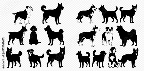 Collection of various dog breeds in silhouette, showcasing different sizes and shapes of canine companions.
