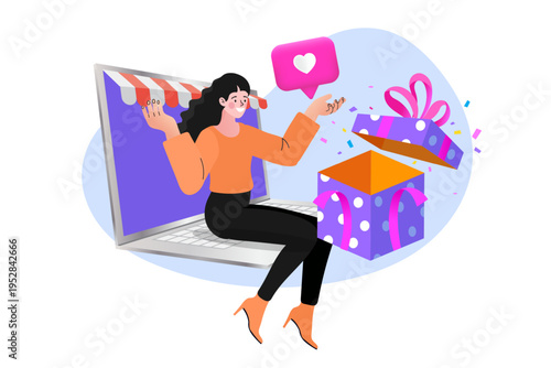 Woman with laptop and surprise gift box for online shopping loyalty concept
