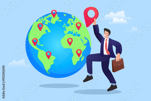 Businessman placing location pins on a globe, global business expansion concept